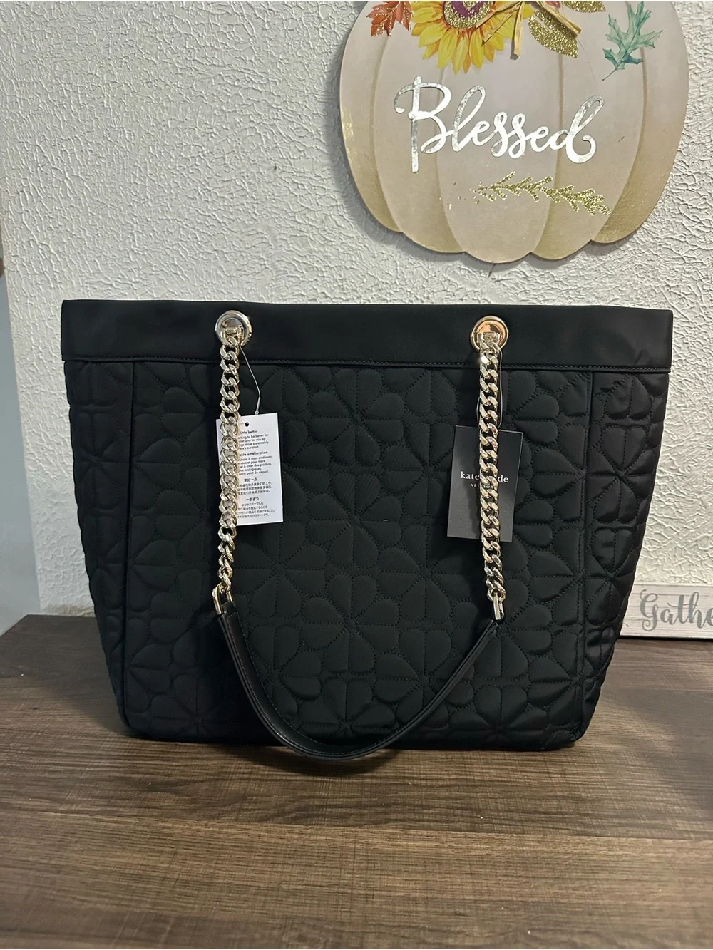 kate spade flower Black Quilted Tote with Gold Chain Straps